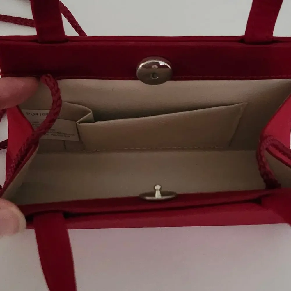 Small Red Satin Evening Clutch/Handbag with Matching Handles and Straps